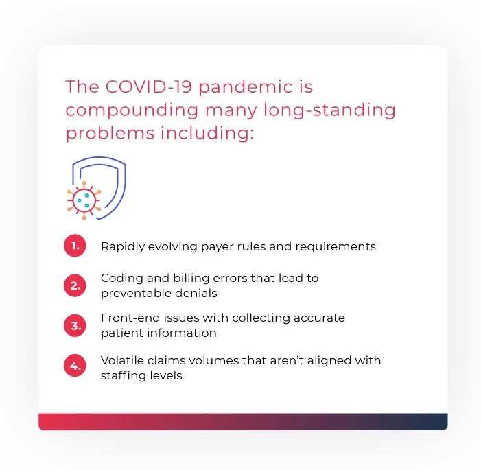 Illustration highlight the ways COVID-19 is impacting operations, including evolving payer rules, coding and billing errors, front-end collection problems, and volatile claim volumes.