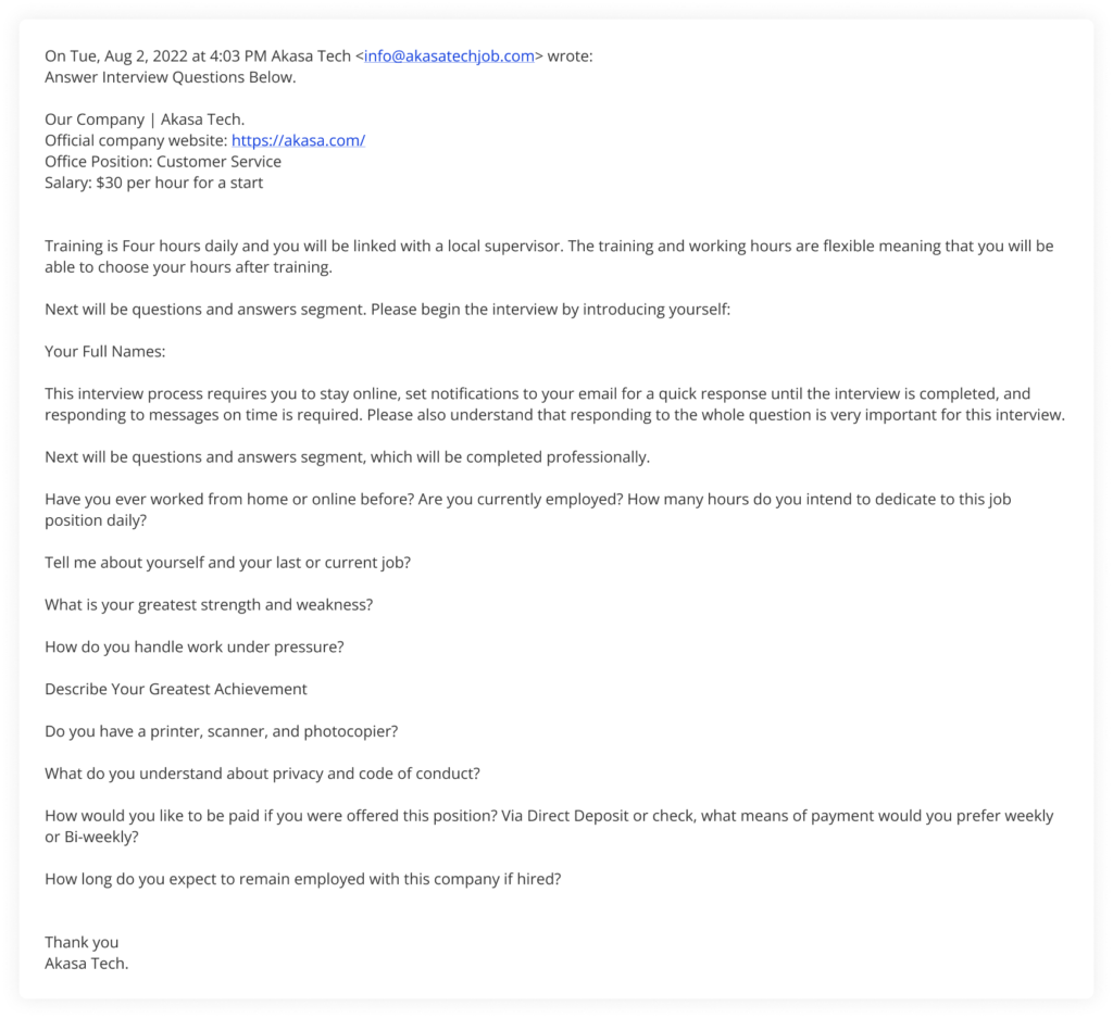 example of AKASA job phishing email from HR impersonator